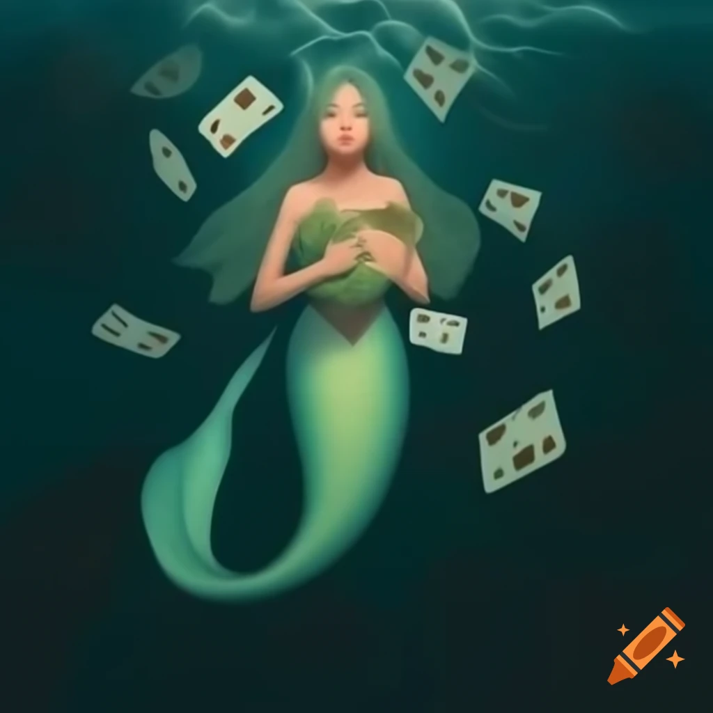 Fantasy mermaid contemplating trading cards