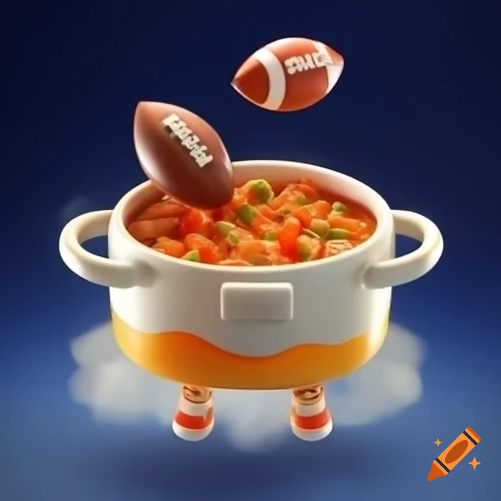 Stew with a football floating in it, humorous food scene
