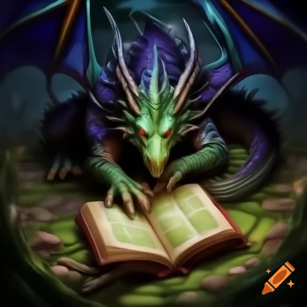 Stained glass art of dragon reading in labyrinthine meadow