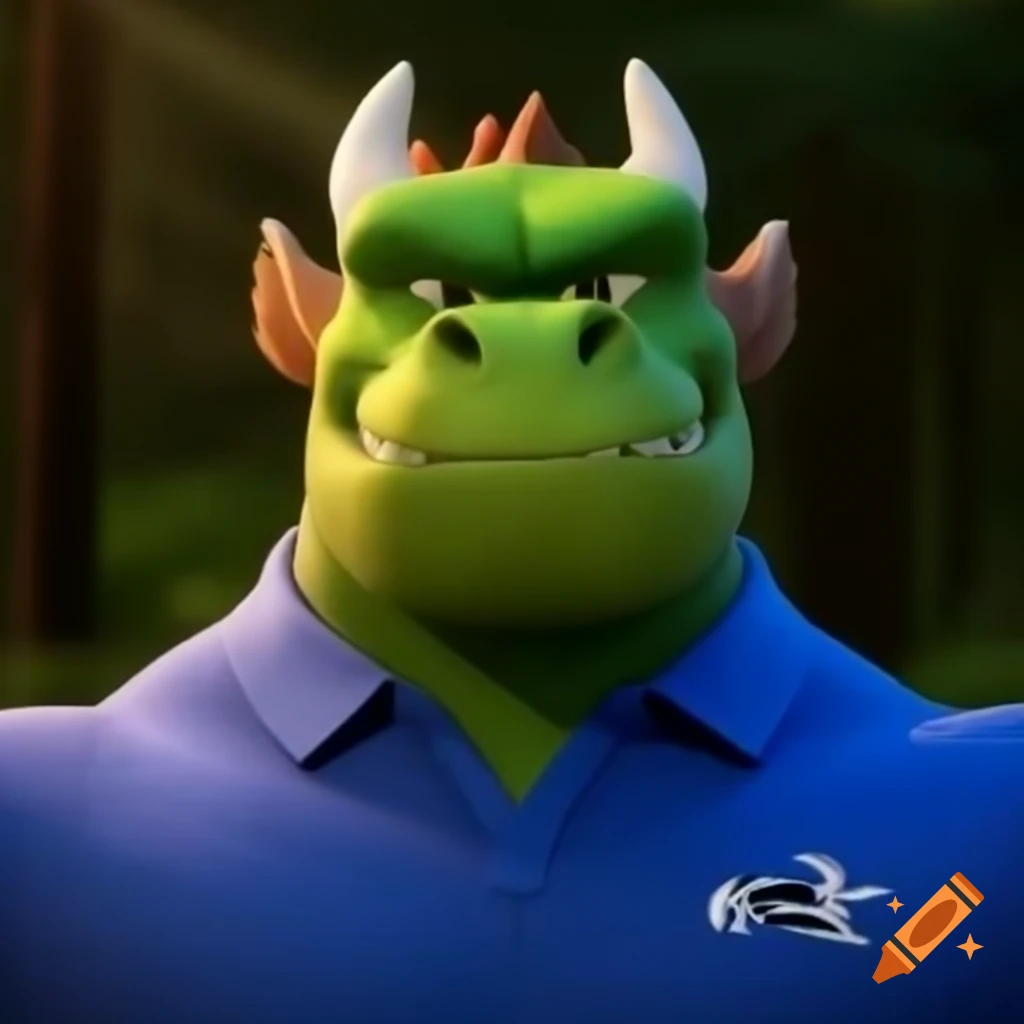 Buff dragon wearing a blue golf shirt
