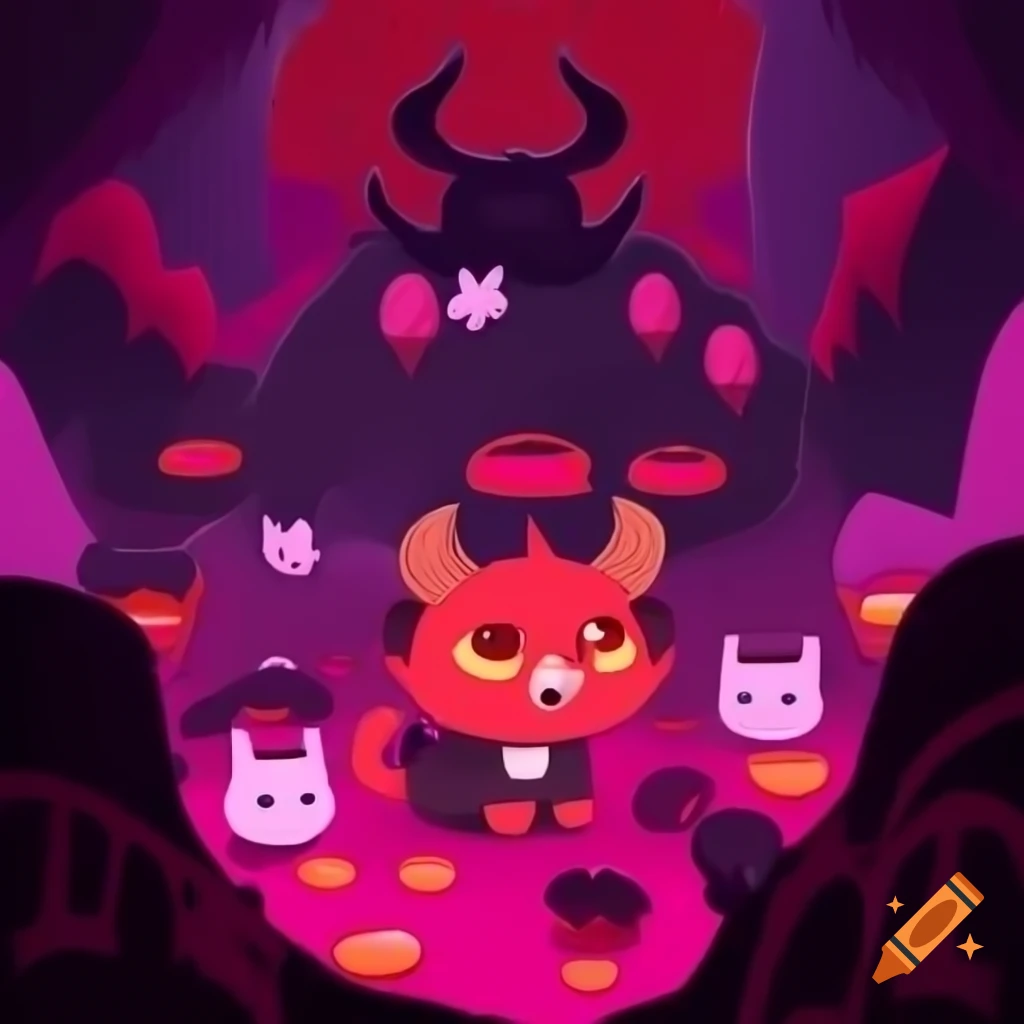 Cute devil horned kittens in pink and purple themed hell scenery, anime style