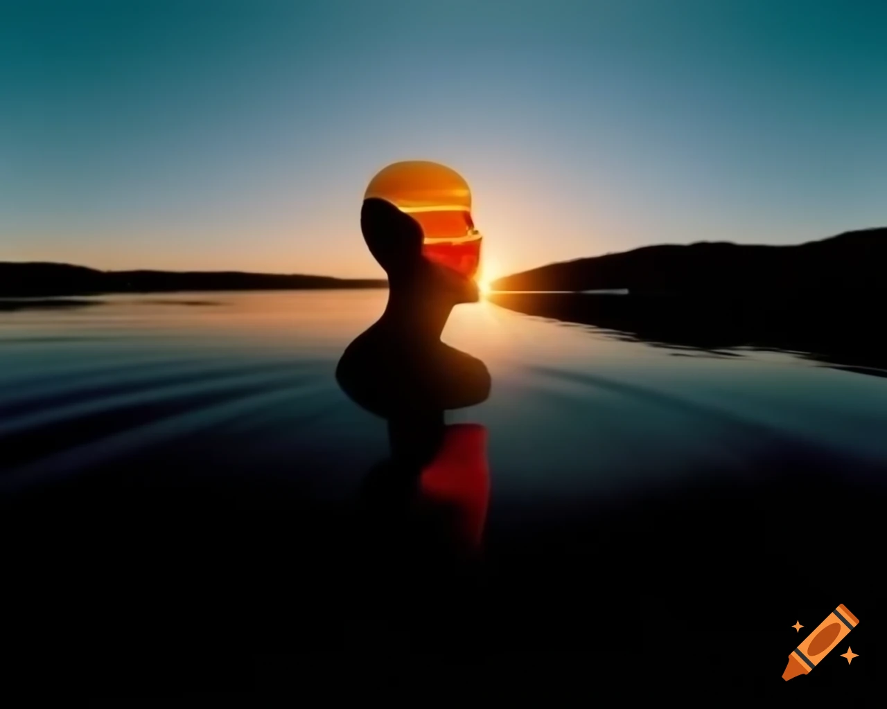 Human with head on fire against sunset reflecting in lake, Wes Anderson style