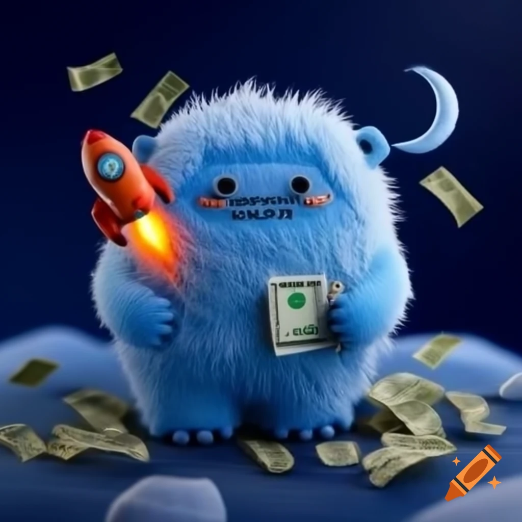 Blue small yeti holding money with rocket to the moon