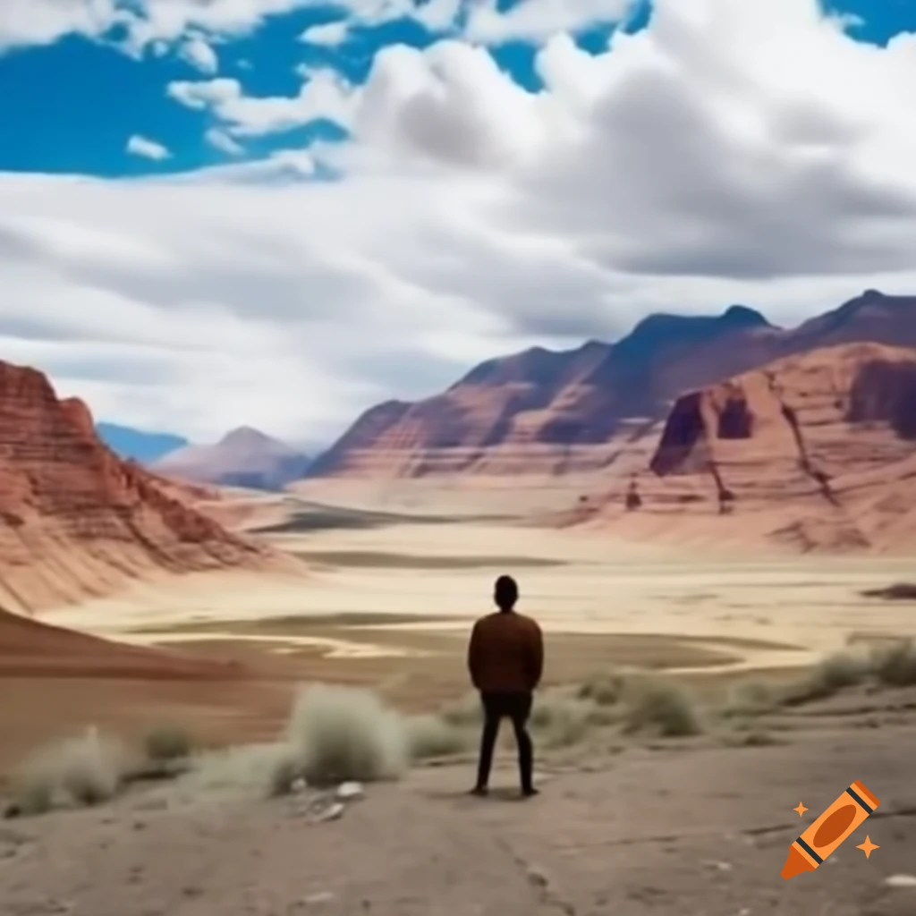 Man standing in valley between two mountains