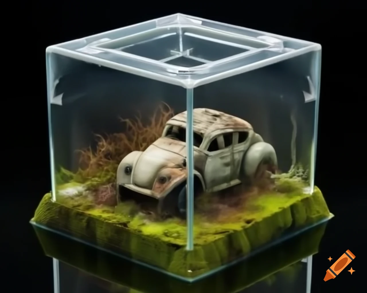 Diorama of post-apocalyptic car surrounded by mossy water in resin cube