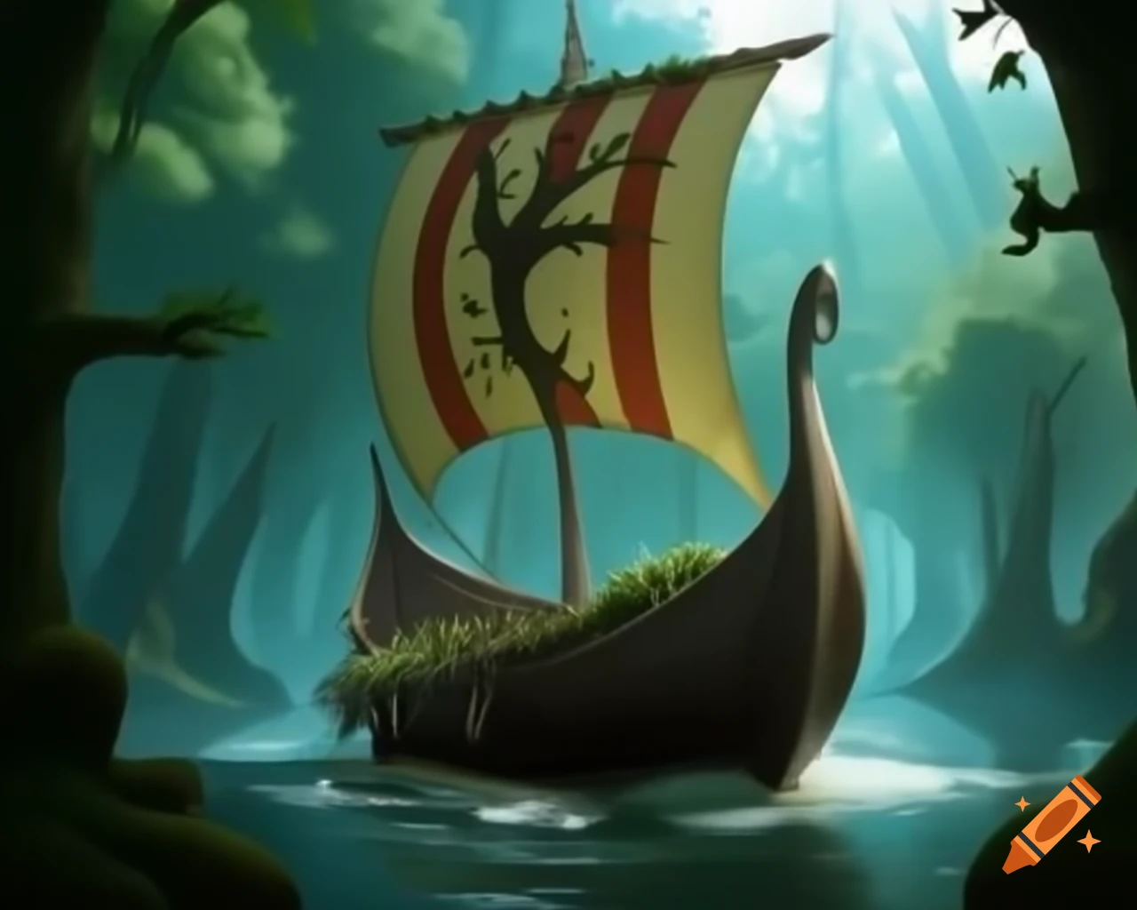 Viking ship with tree sail navigating river in mysterious forest