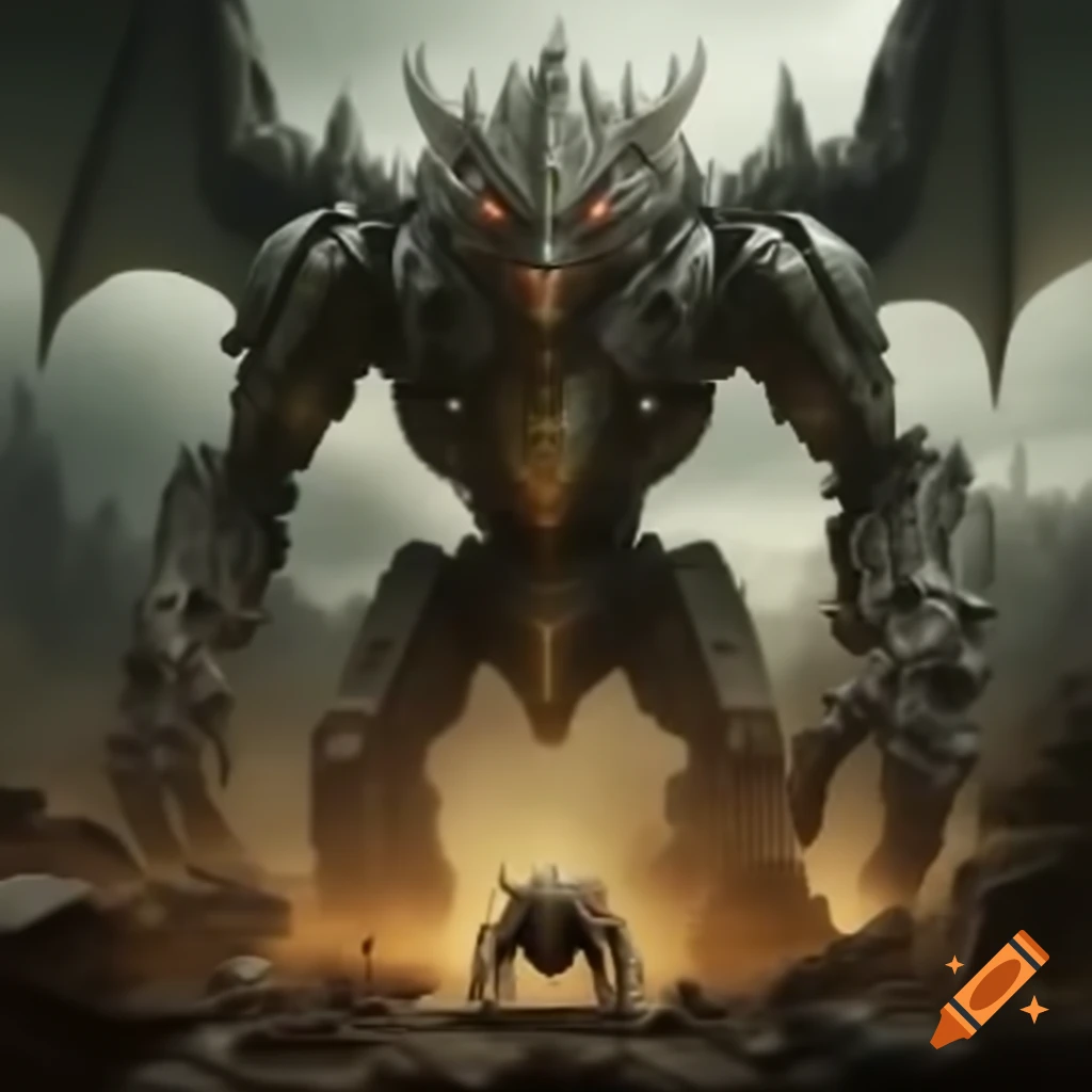 Giant robotic dragon battling robotic spider in post-apocalyptic wasteland