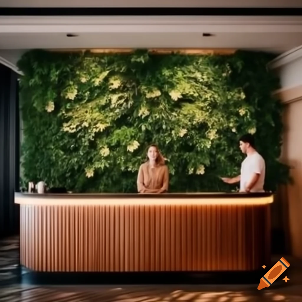 Living plant wall behind modern hotel reception desk