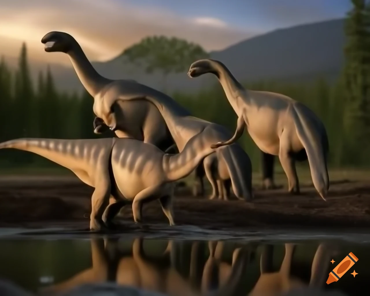 Trio of brown and grey striped hadrosaurus at muddy lake bank in morning light