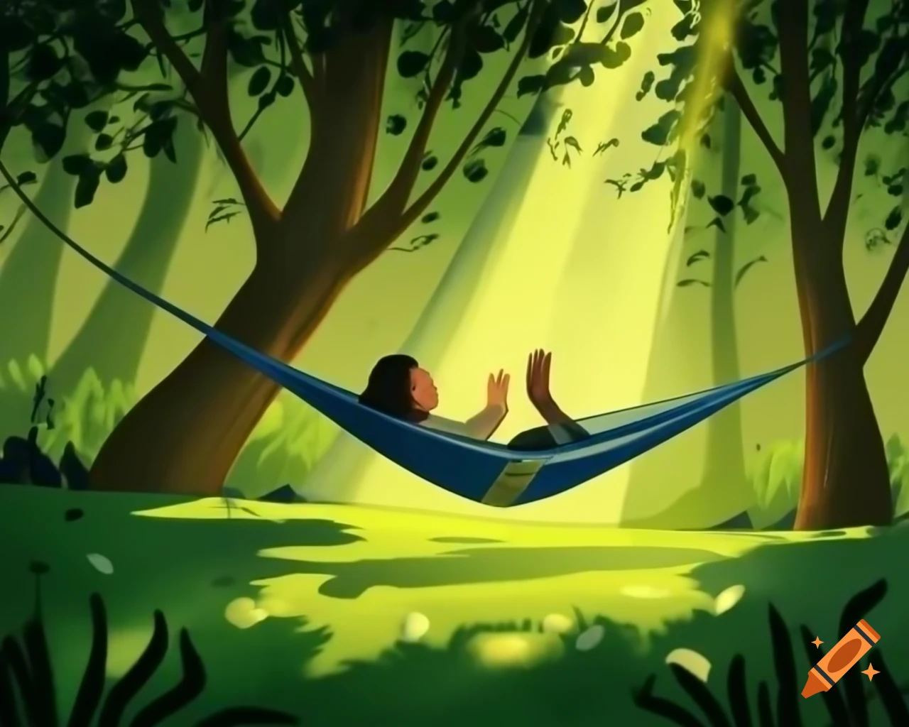 Person relaxing in hammock under lush green trees with sunlight filtering through leaves