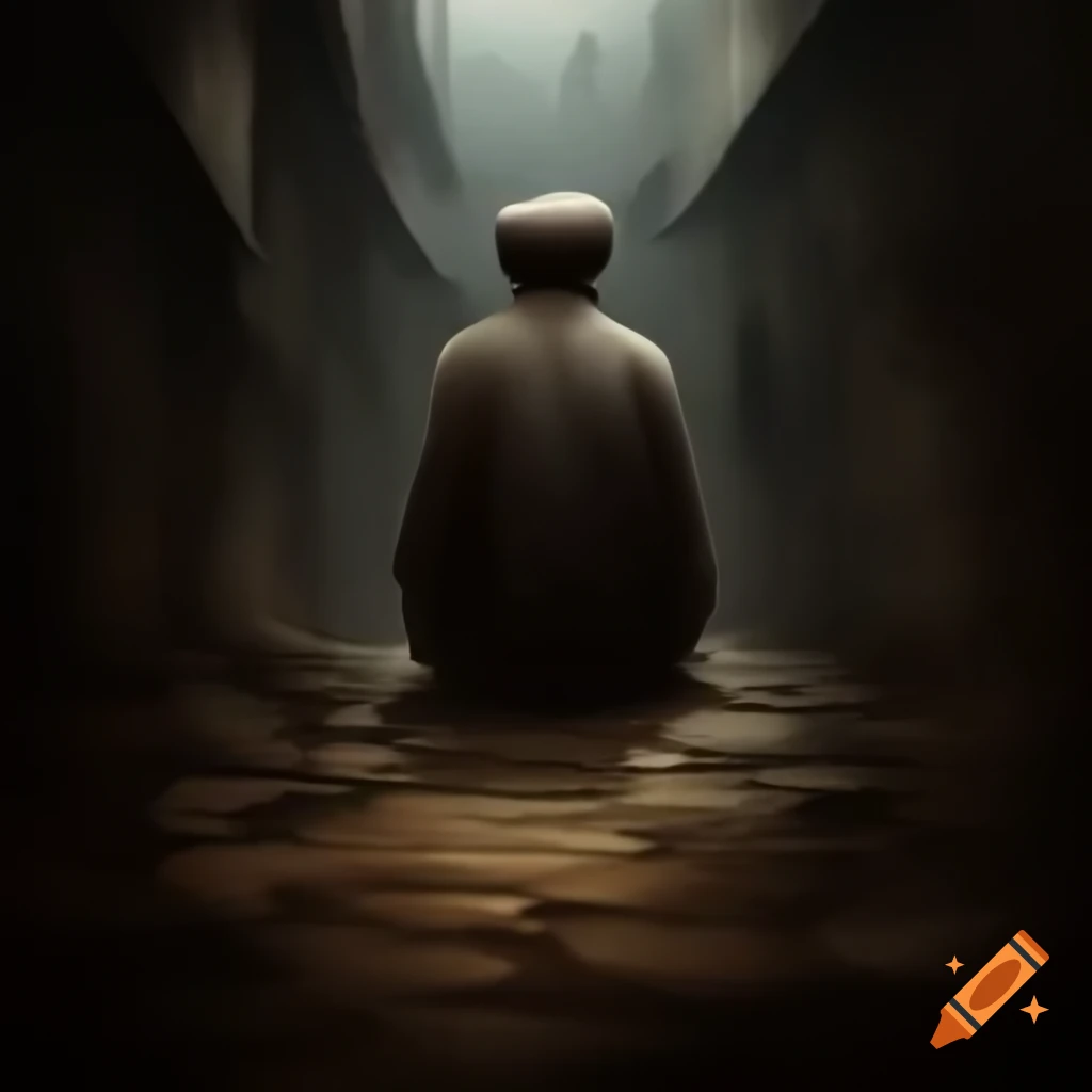 Artistic depiction of a man in darkness guided by a thin path of light with inspirational quote