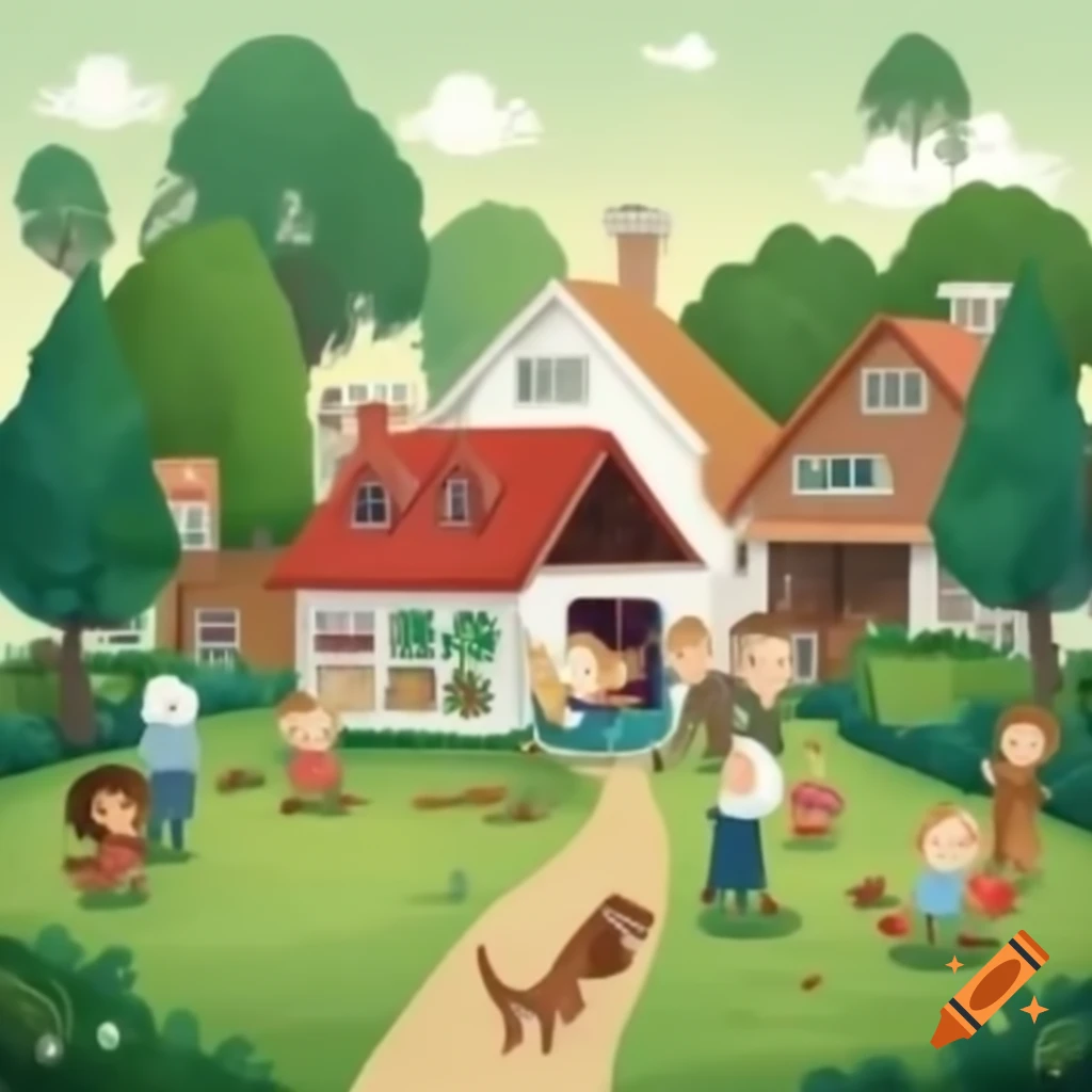 Family scene with house, kids playing, dog, and path to city