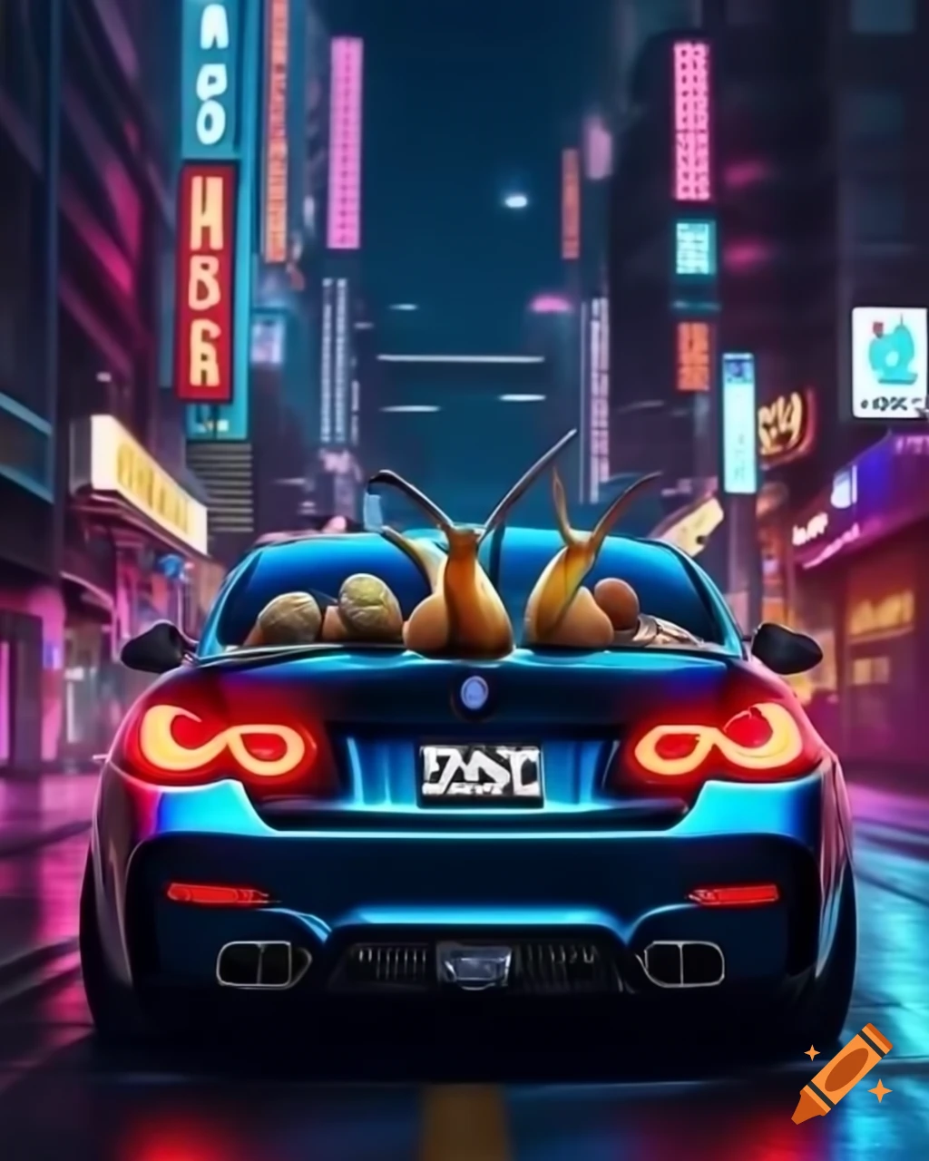 Two snails in love in neon city with BMW G82