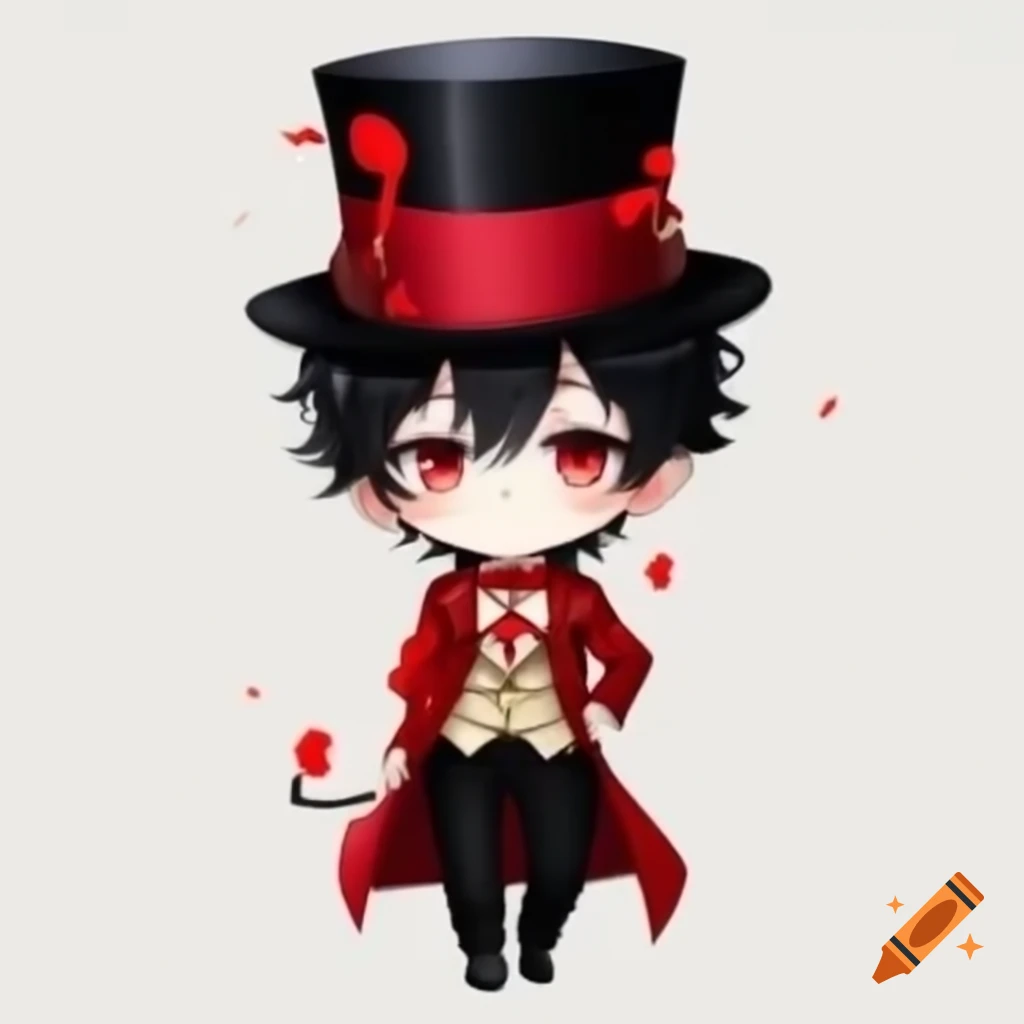 Chibi anime magician boy with black hair, top hat, and red suit