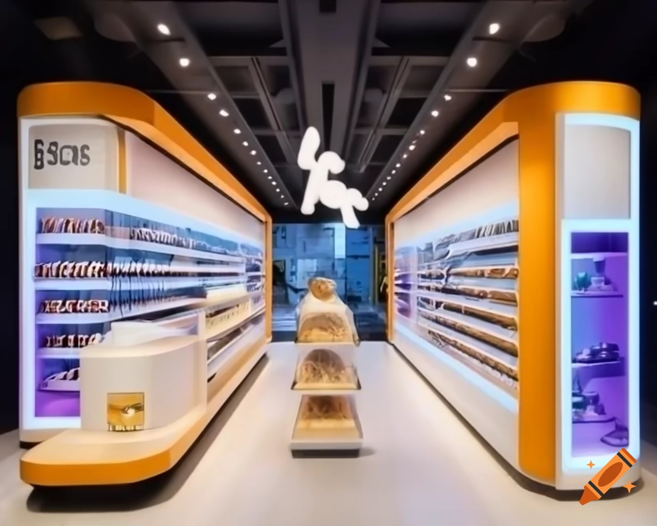 Futuristic shop interior with bright colors and modern design