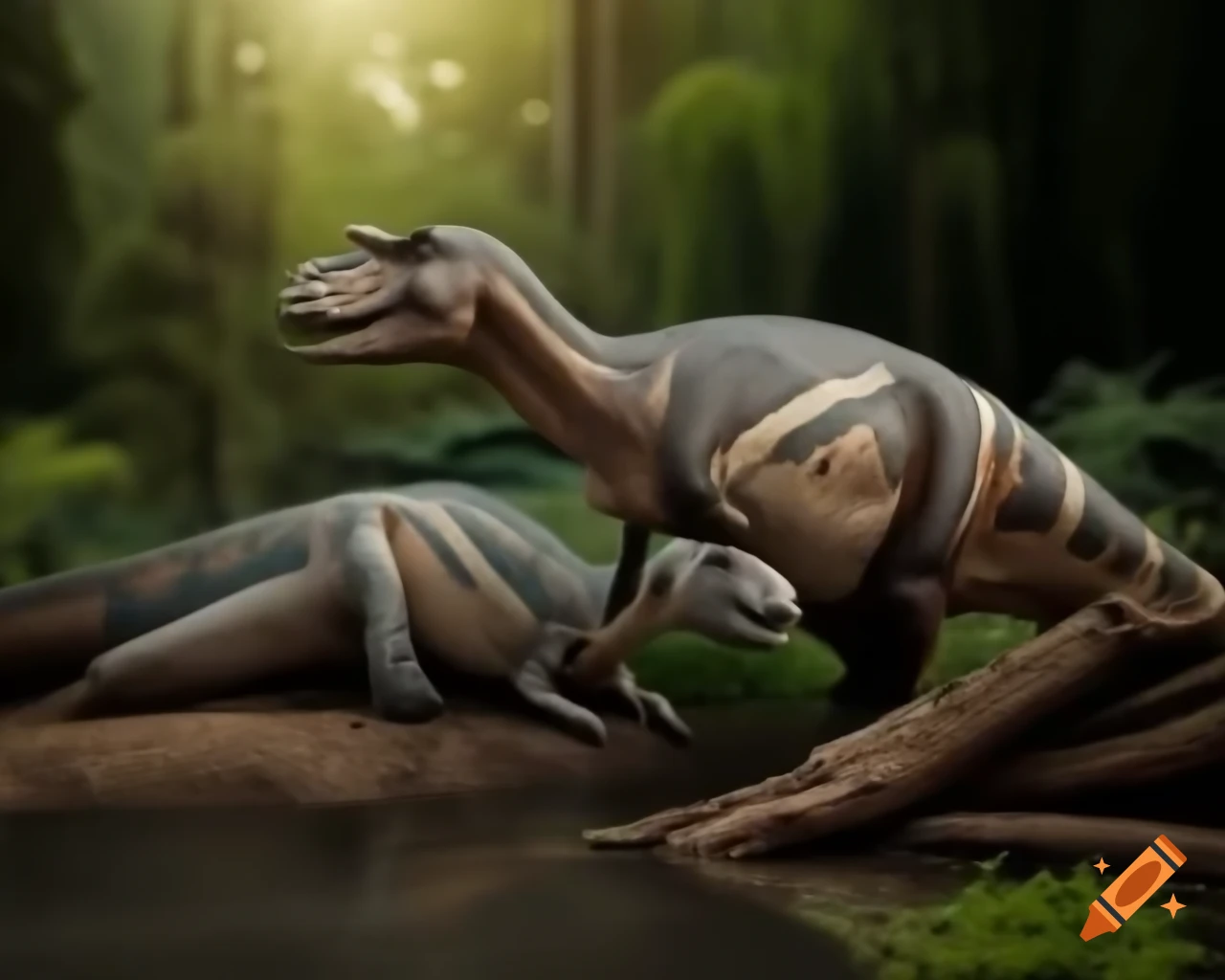 Hadrosaurus resting on muddy lake bank surrounded by driftwood and ferns in warm light