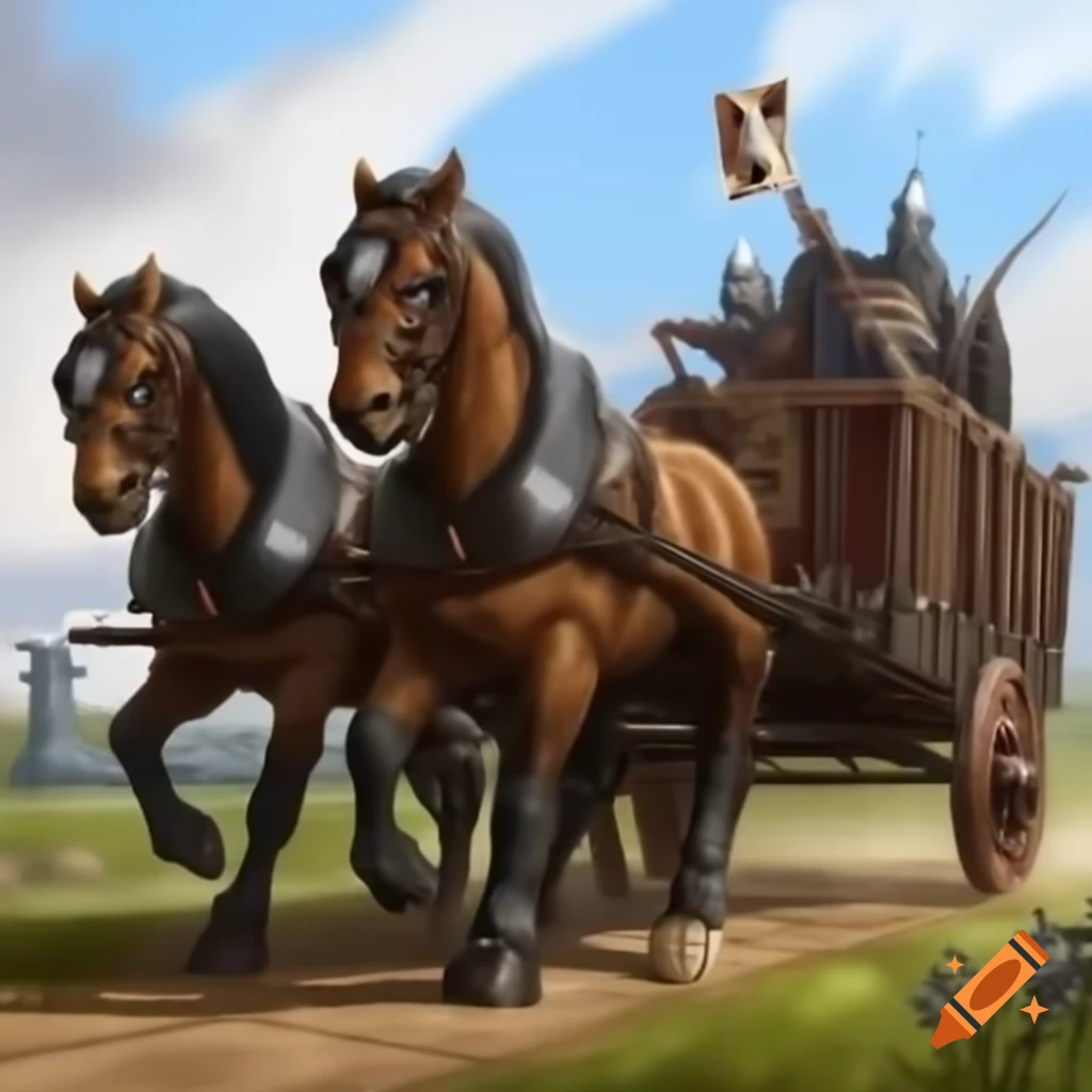 Medieval war wagon with horses and crew