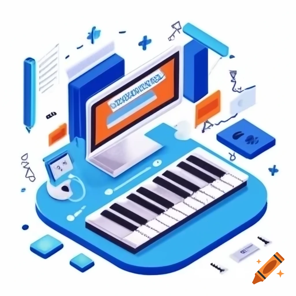 Isometric view of an exploded keyboard instrument