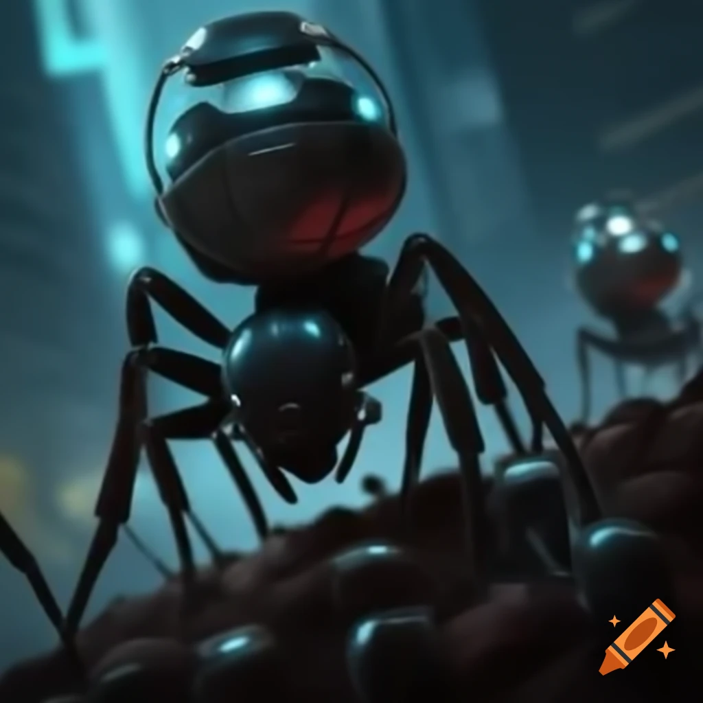 Cyberpunk ant with riot shield guarding anthill