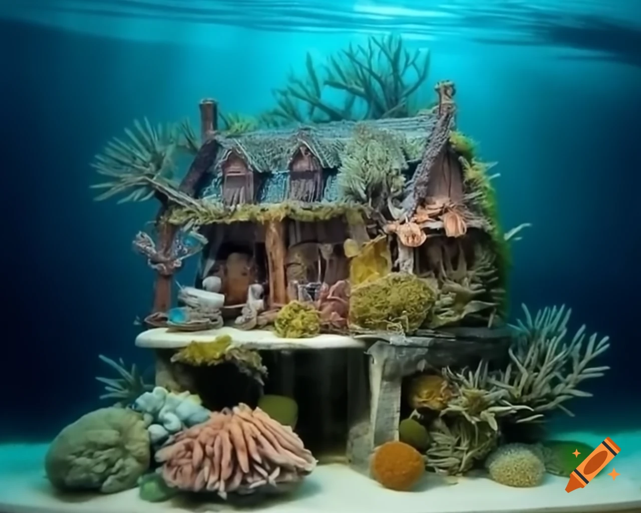 Underwater house made of corals and seaweed, detailed miniature diorama