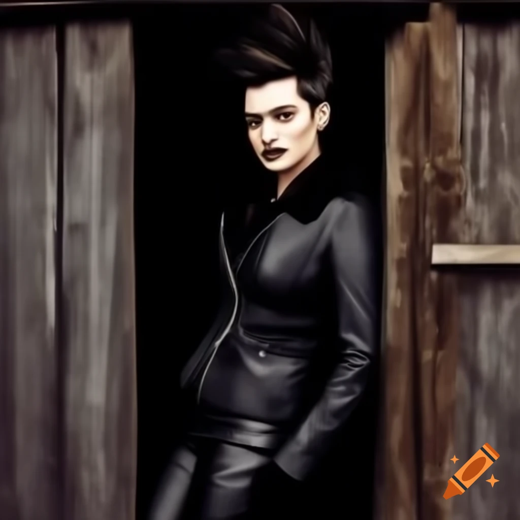 Punk rocker with mohawk hairstyle in leather jacket and trousers, relaxed pose