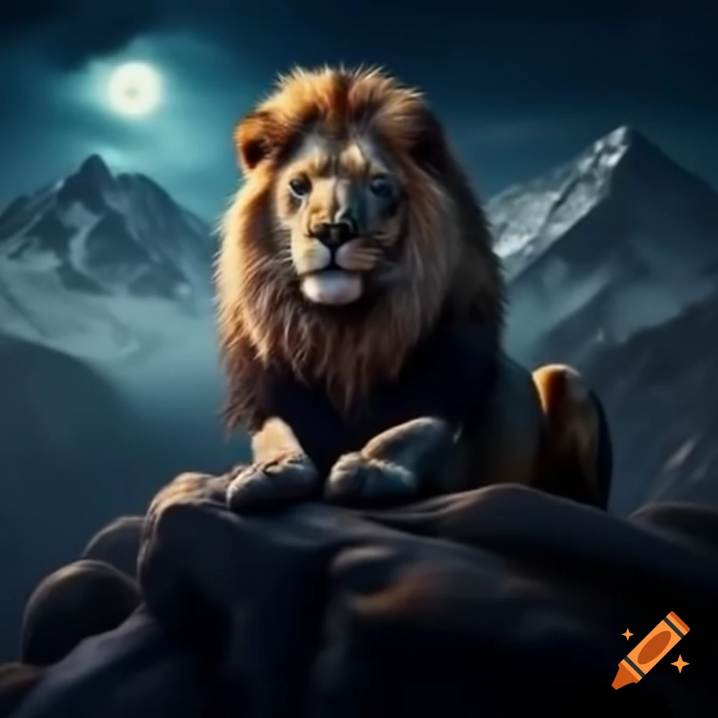 Lion at night on mountain peak with starlit sky