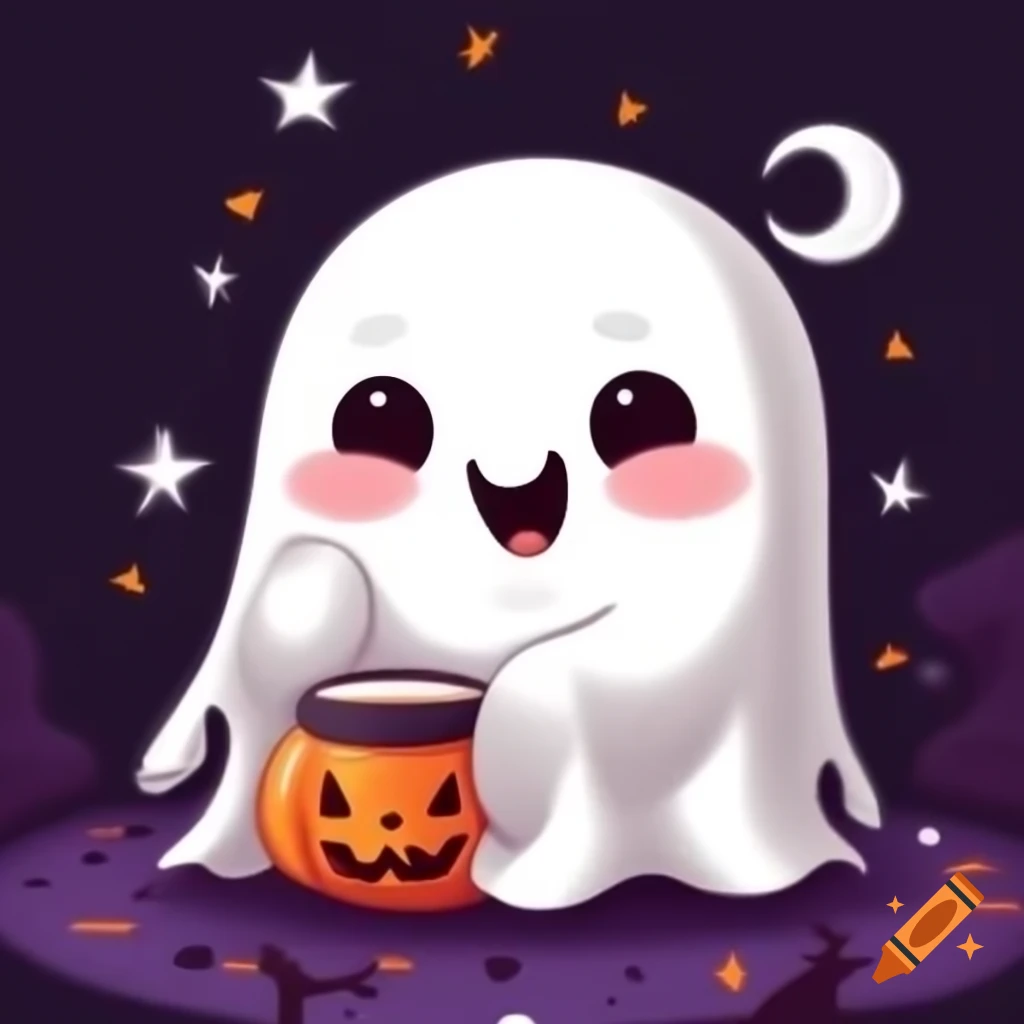 Cute cartoon ghost with pumpkin and coffee for Halloween theme
