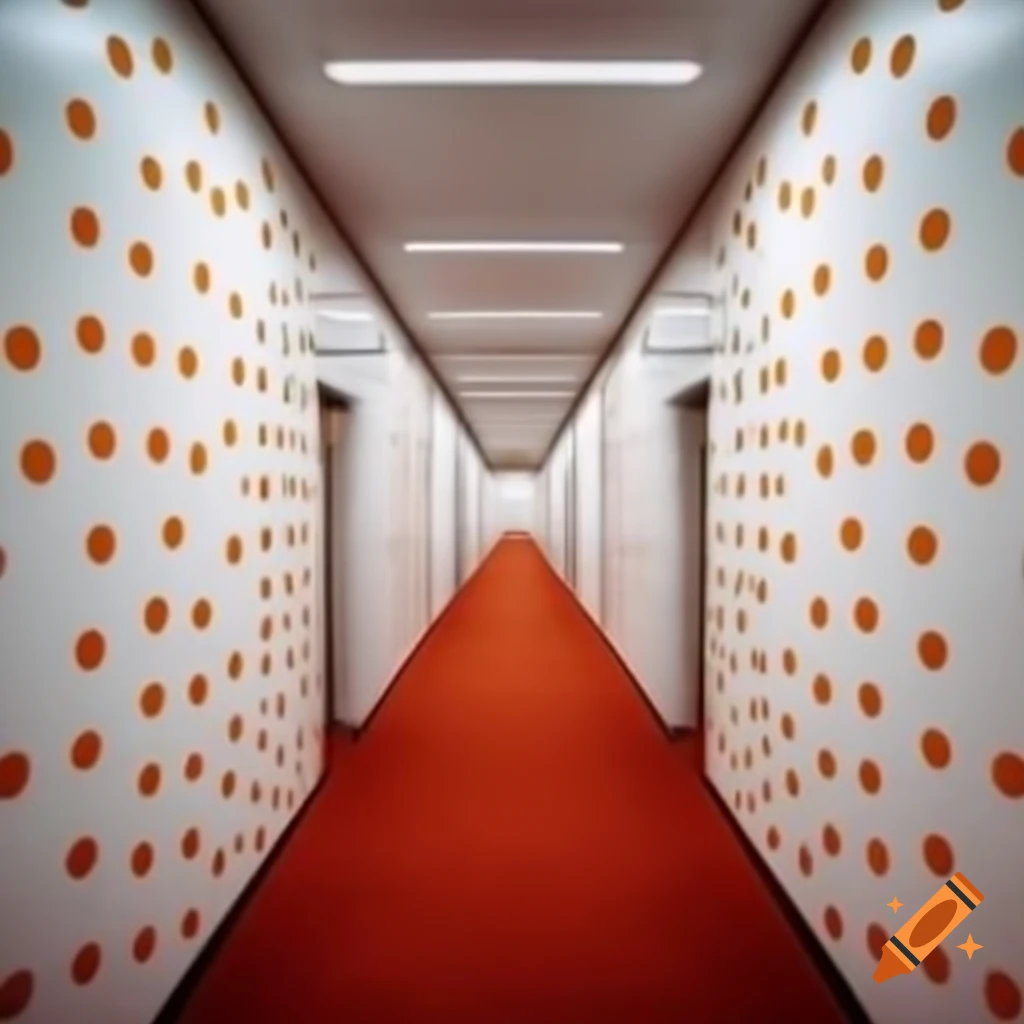 Long white corridor with orange polka dot walls and red carpet
