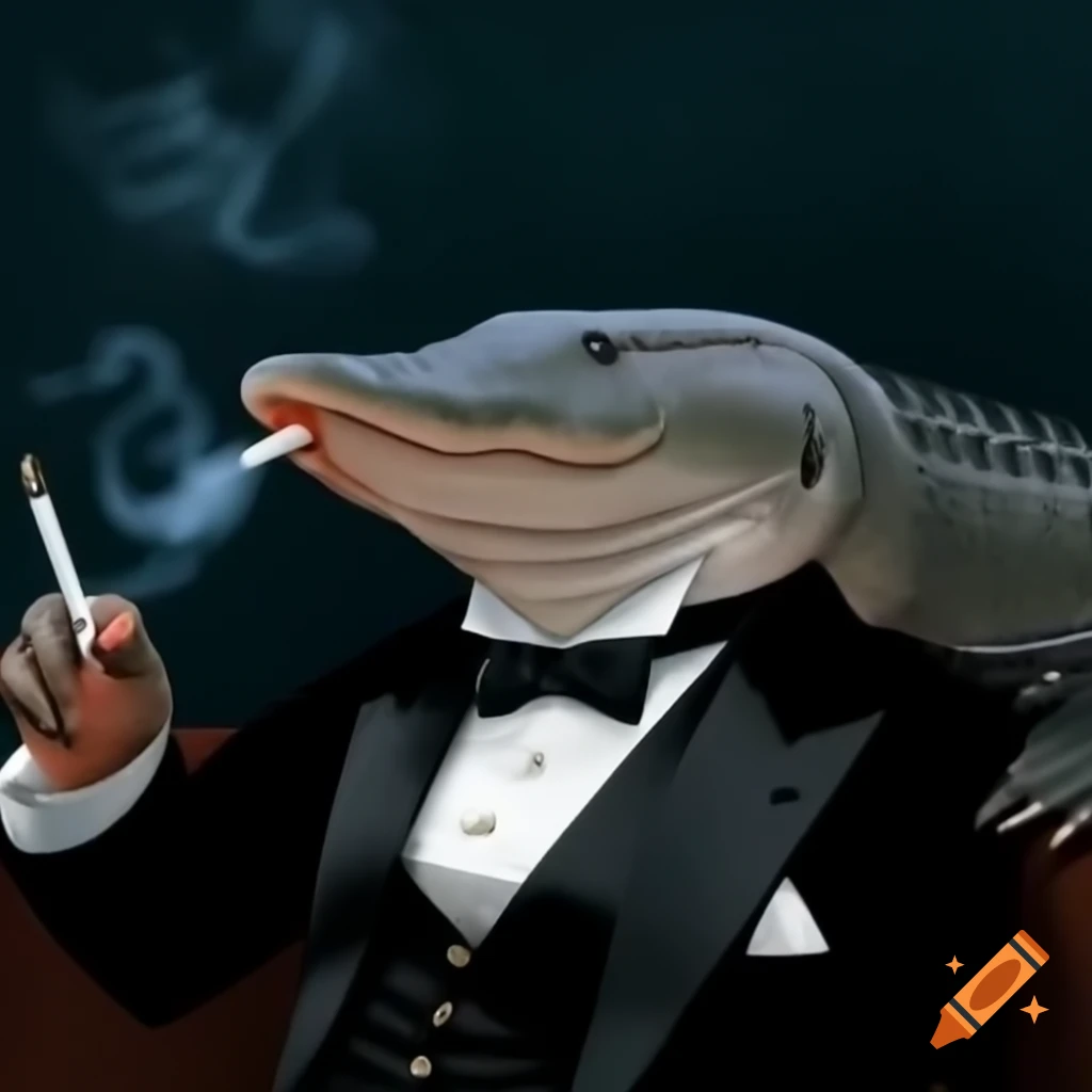 Sturgeon in tuxedo with cigarette