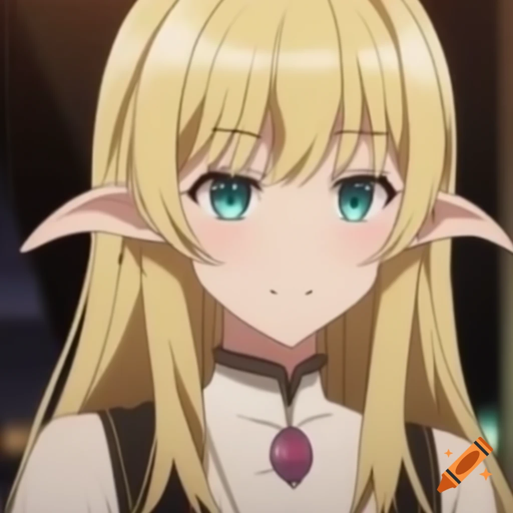 Gorgeous blonde elf with shy expression in anime style