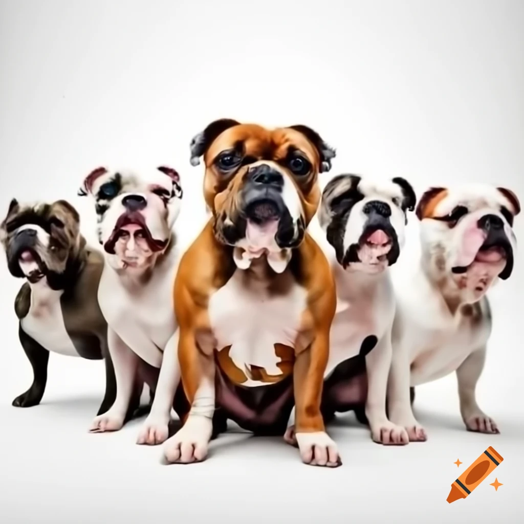 Photorealistic image of various American bulldogs on white background