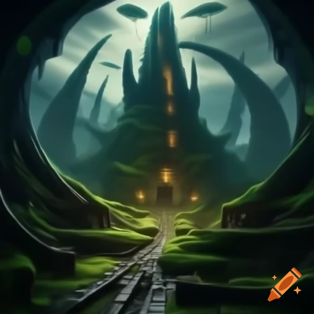 Hyperdetailed village within alien ruins
