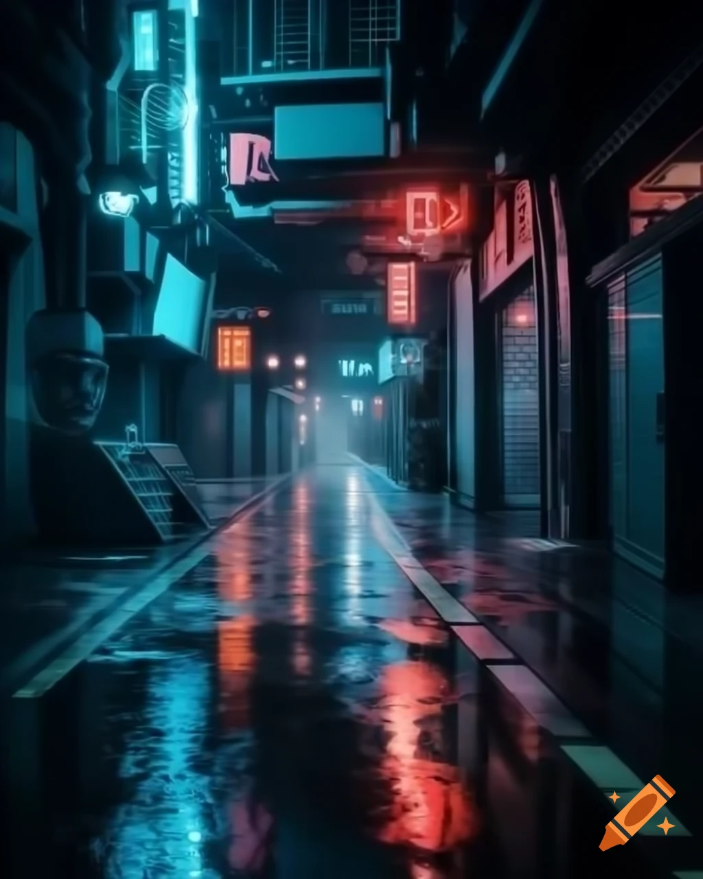 Cyberpunk alleyway with neon lights reflecting on wet surfaces
