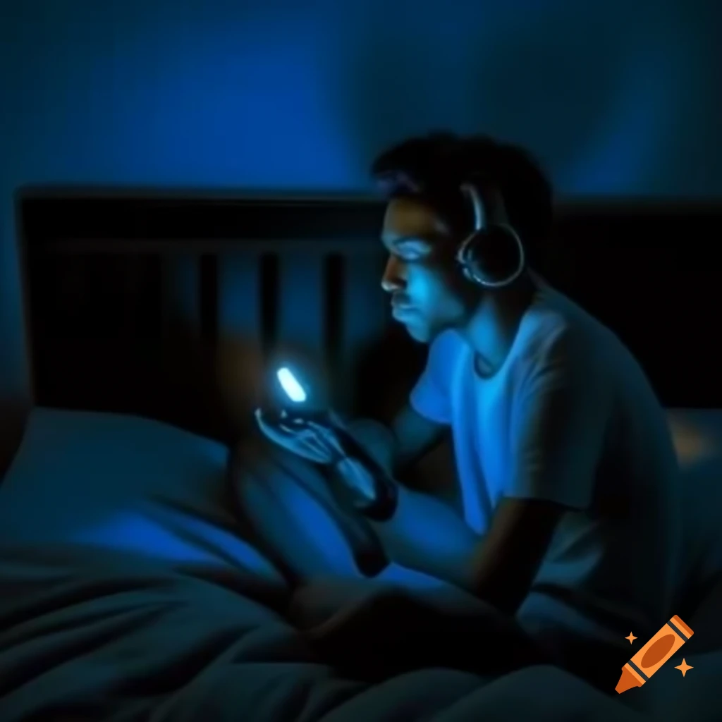 Man with headset relaxing in bed during cozy night