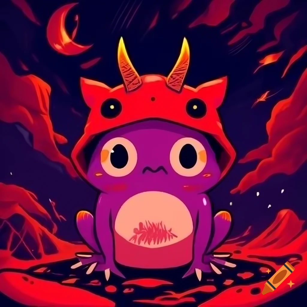 Cute devil horned frog in red and purple hell scenery, anime style