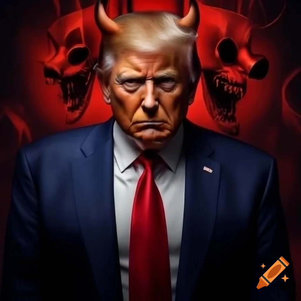 Political satire featuring Trump in a devil-themed depiction
