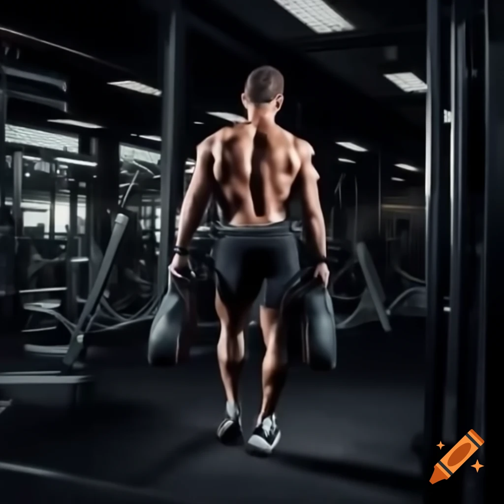 Fit athlete's shoulders entering an empty high-end gym with moody lighting