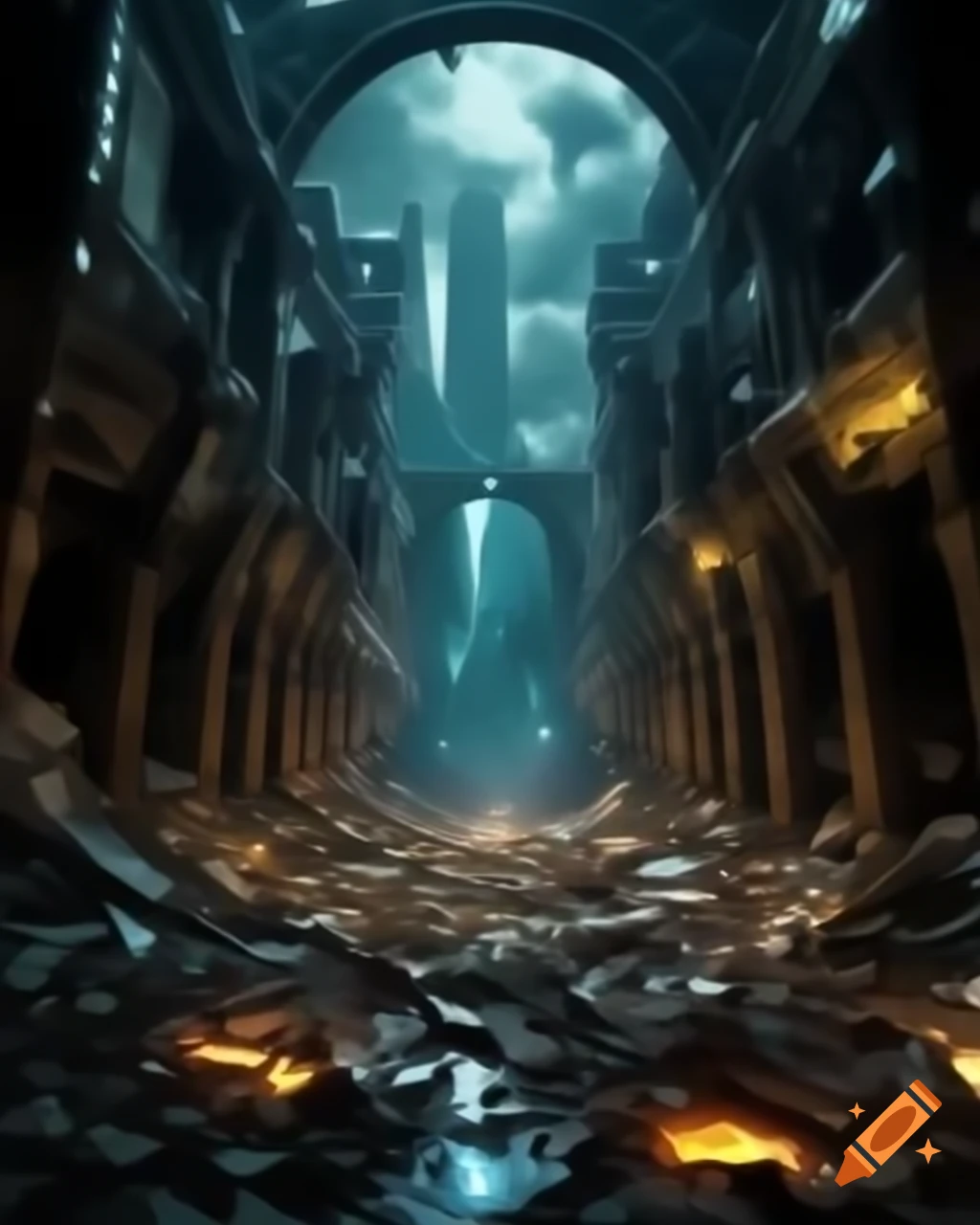 Post-apocalyptic scene depicting humanity's struggle to rebuild in a ruined world