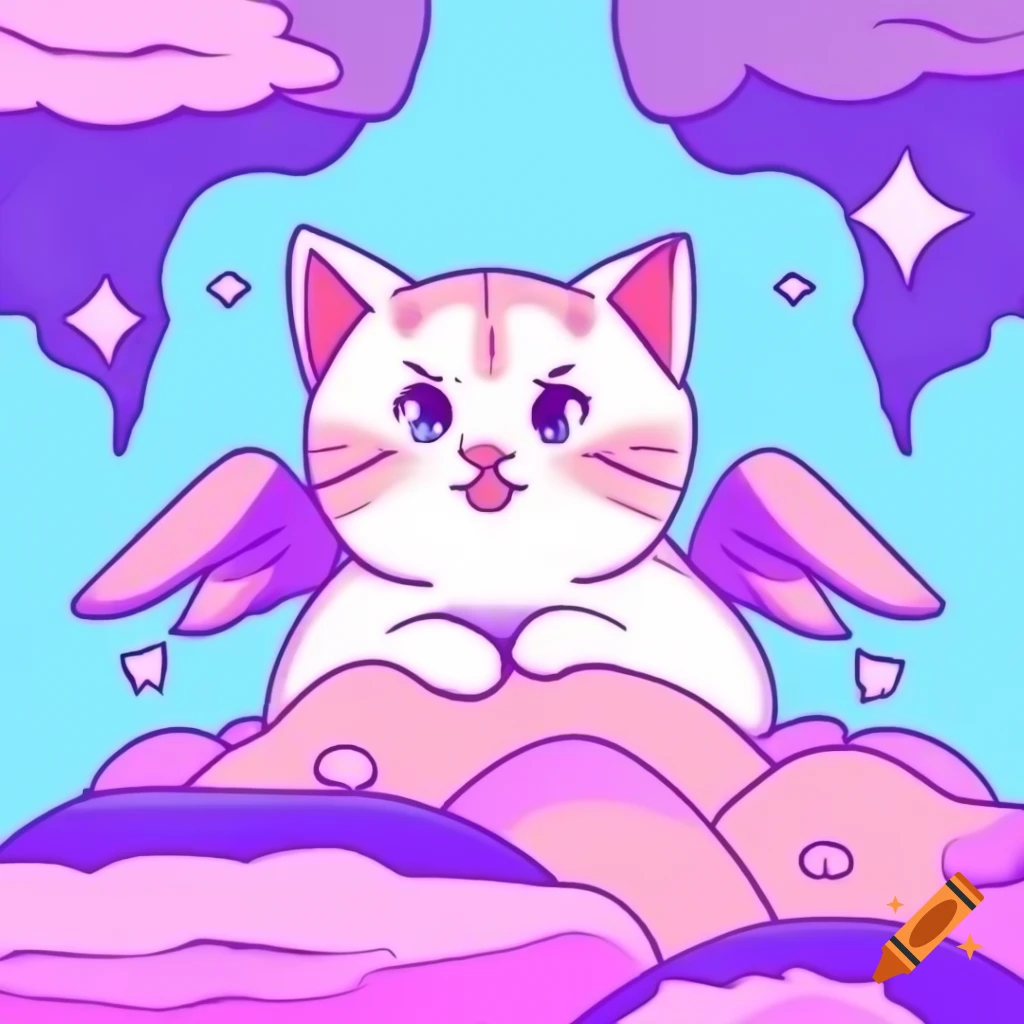 Cute angel kitten in pink and purple themed heaven, anime cartoon style