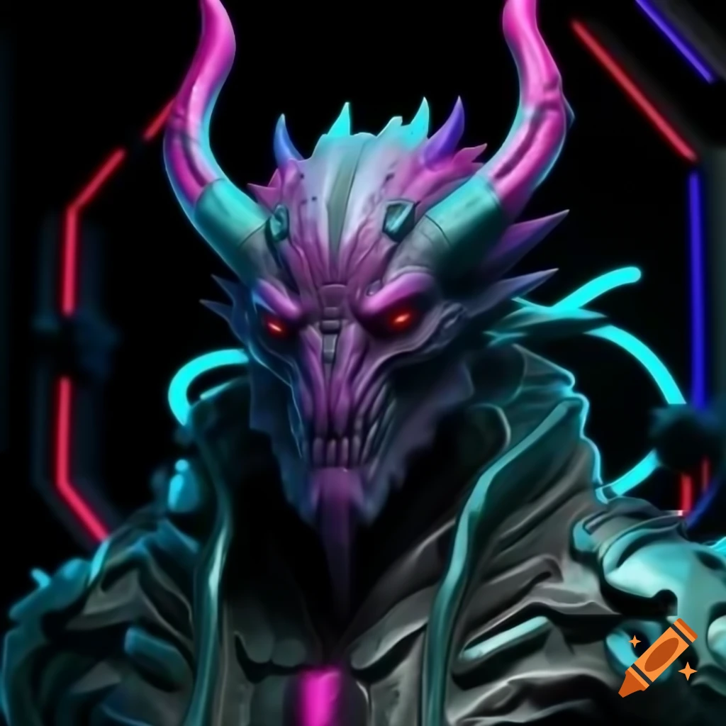 Cyberpunk mythical creature with neon lighting and holographic technology
