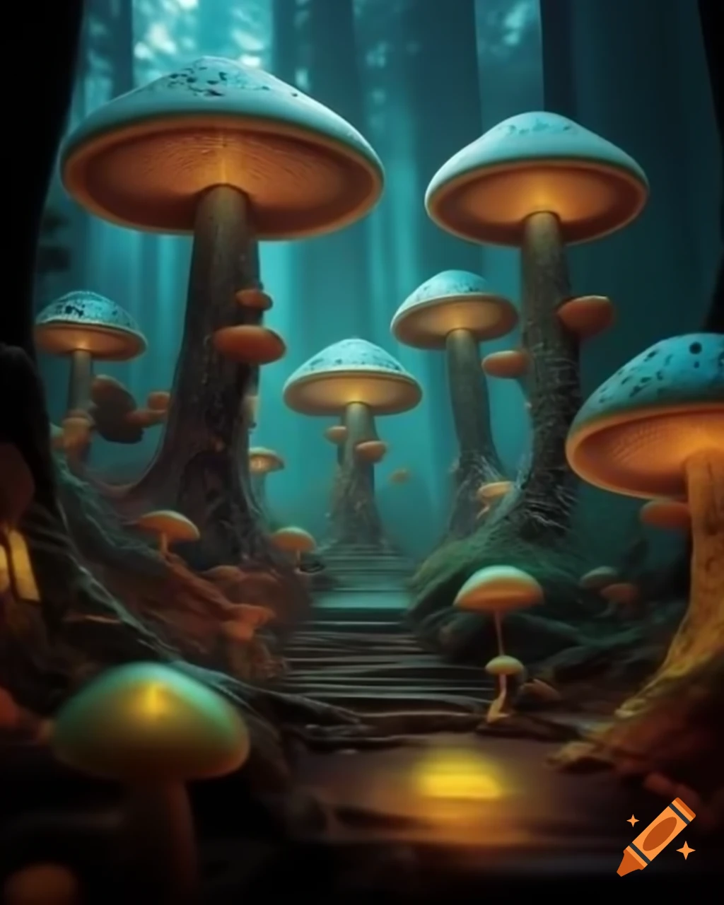 Surreal biopunk forest with glowing bioluminescent trees