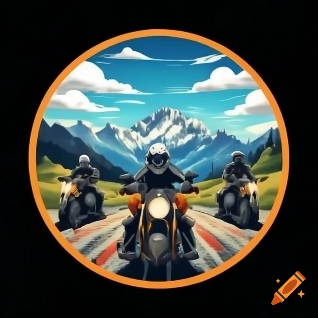 Circular logo of motorcycles riding through the Alps