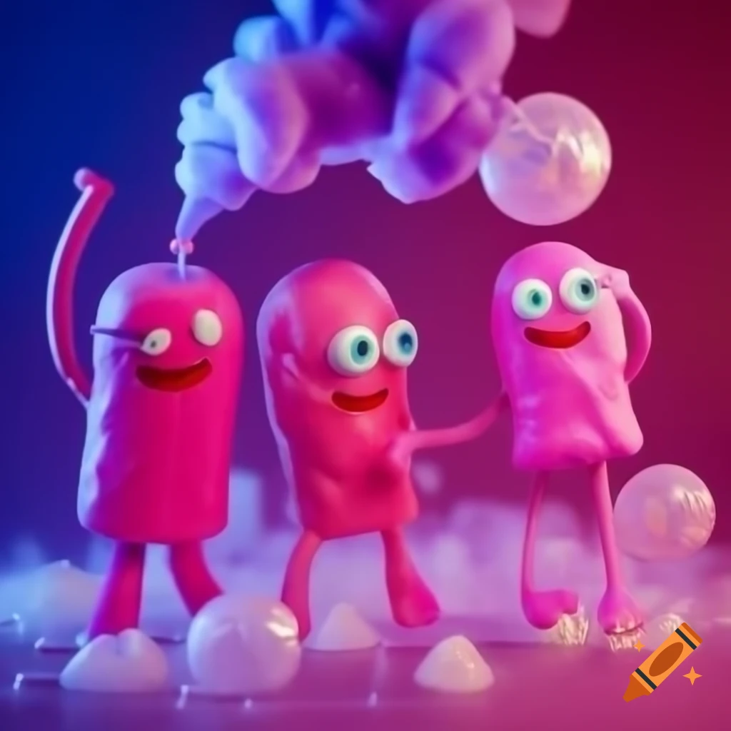 Realistic scene with bubble gum characters, wrappers, and smoke