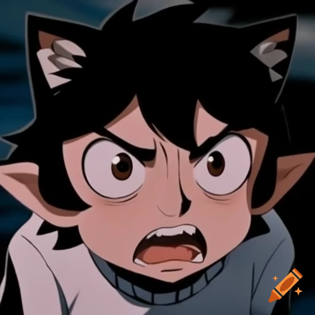 Angry wolf kemonomimi boy with pulled back ears in anime style
