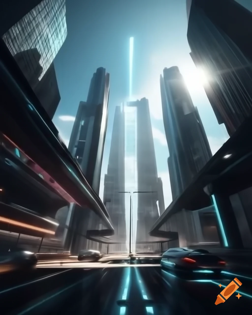 Futuristic cityscape with glass buildings, holographic ads, and flying cars
