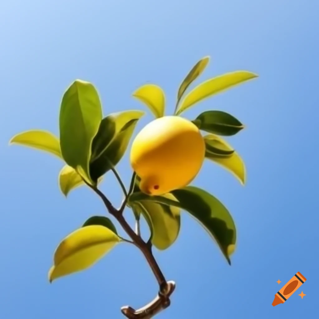 Portrait of Amalfi lemons with leaves on translucent sky blue background