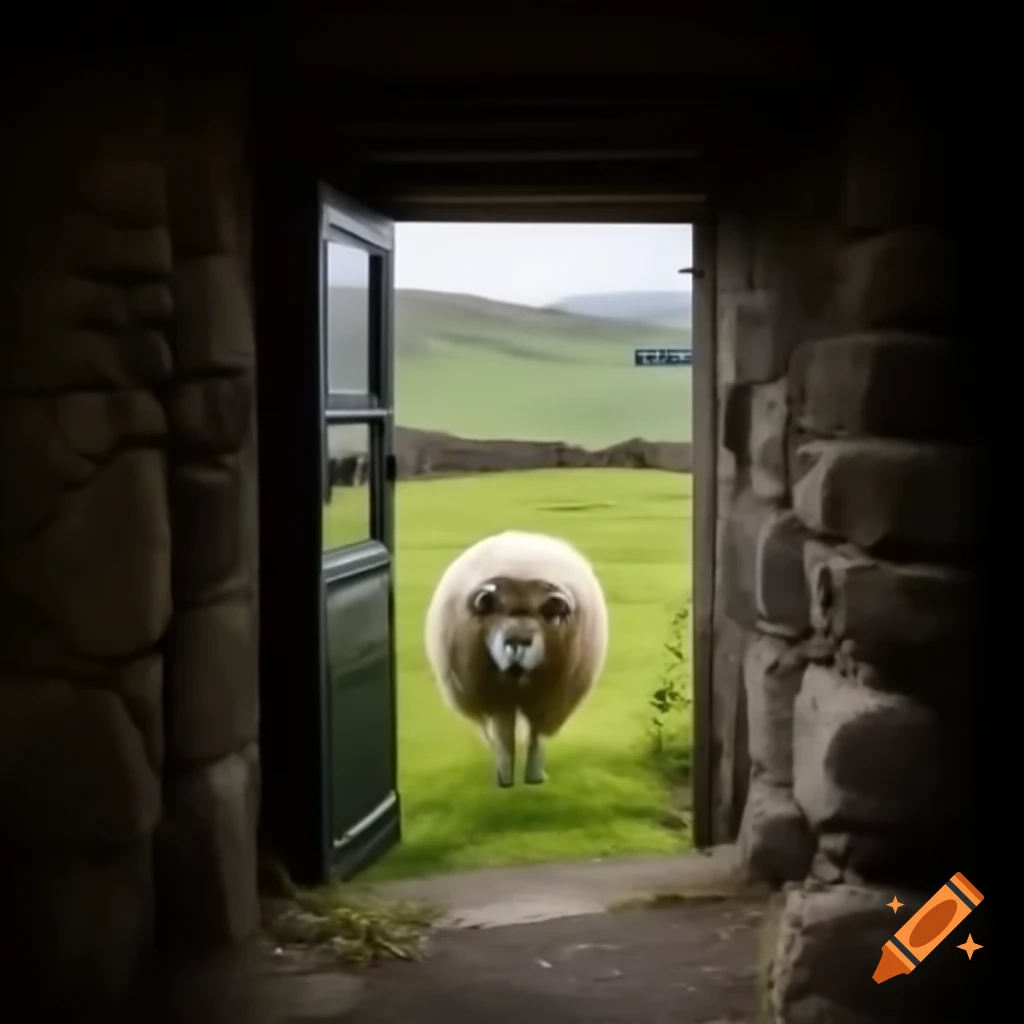 Sheep entering doorway of old Welsh cottage