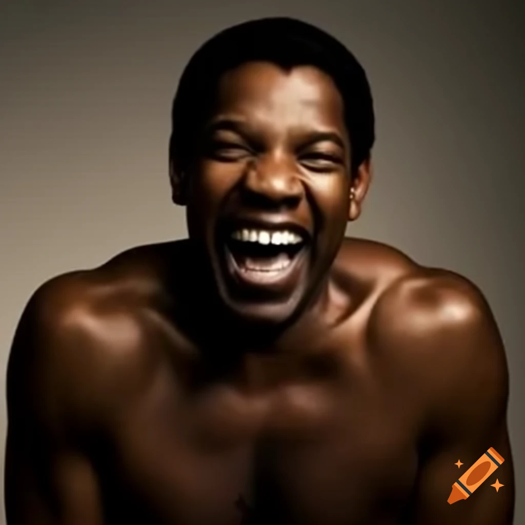 Exaggerated muscular figure of Denzel Washington laughing