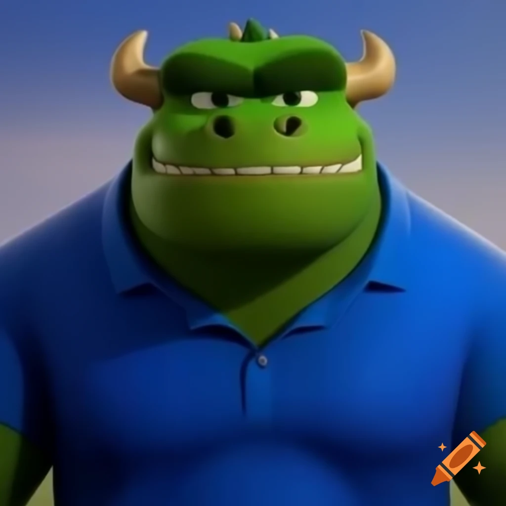 Muscular dragon wearing blue golf shirt