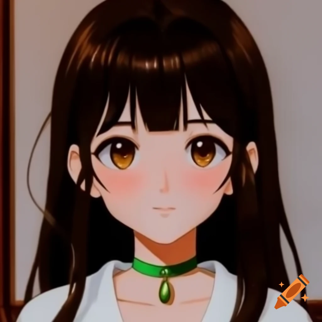 Side portrait of anime girl with dark brown hair and green pearl collar